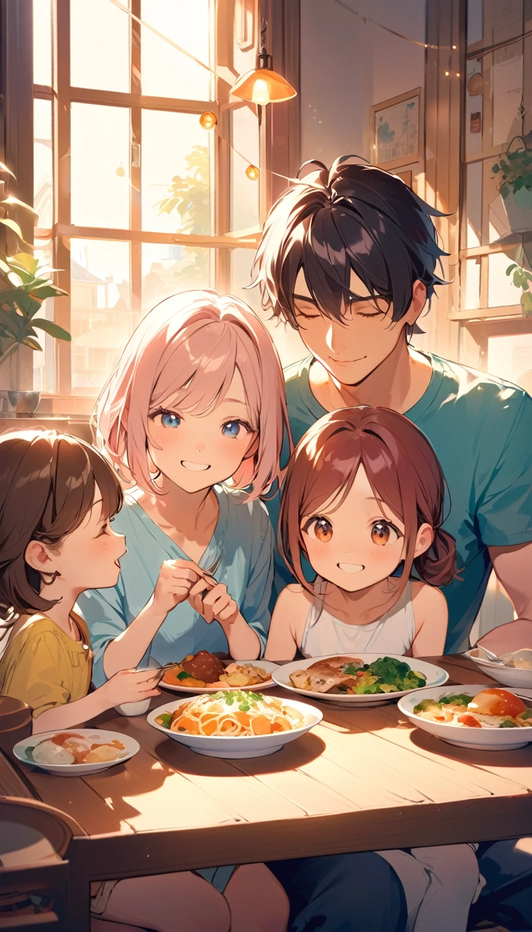 A detailed illustration of a young couple in their 20s with their 5-year-old daughter(1only), enjoying a meal together indoors.