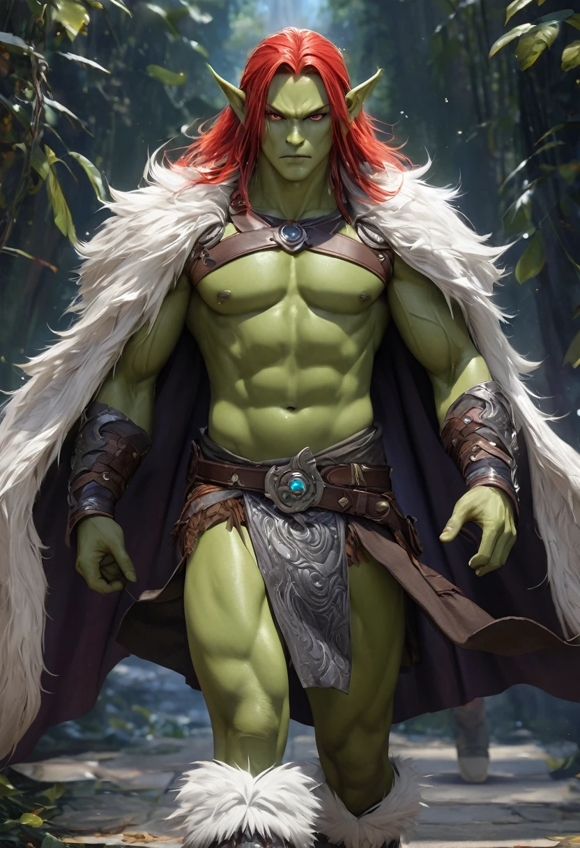 (best quality,4k,8k,highres,masterpiece:1.2), ultra-detailed, (realistic,photorealistic,photo-realistic:1.37),(Numerous award-winning masterpieces, incredibly detailed and textured, maximal resolution and clarity), (Hyper-realistic:1.4), (Realistic:1.3), super quality, beautiful detail, super detailed, extra fine, 16K, exquisite, absurd, high resolution.
a (green skinned, green skin, bright green skin:1.3) male warrior, he has (red hair) and wears a (leather harness across his bare chest), leather shoulder straps, loincloth, thick fur belt, white fur boots, silver bracers, fur cloak. (detailed face, detailed eyes), narrow eyes, lavender colored eyes, piercing eyes, pointed ears, sharp ears, (grim expression). Good hands, detailed hands.
Show him walking toward the camera, (confidently walking, determined stride:1.1), dynamic exaggerated pose.
Eternia background, multicolor sky, 3 moons in the sky, multiple moons.in a thick dark jungle, vines, purple trees, blue leaves. dramatic shadows.