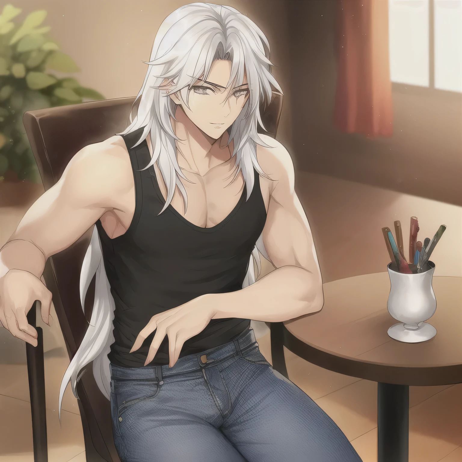 1boy, handsome, athletic, long white hair, grey eyes, black tank top, jeans, sitting on a chair, Viewer's view