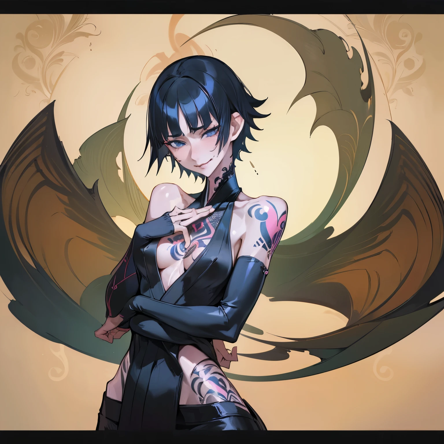 (Highest quality、masterpiece:1.2),((Beautiful woman getting a tattoo))、((Full body tattoos))、Jet black short hair、(Savage look、Lewd smile) Jet black short hair, thirst, Small breasts, kimono, Side bust, Removable sleeves, Exposing shoulders, Mr..々Pause、((Upper body zoom angle))、Looking at the camera