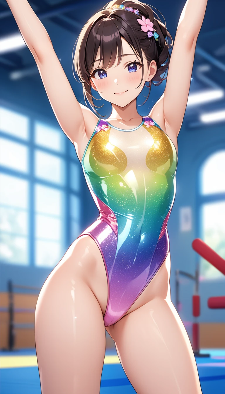expensivequality illustration, masterpiece, Very delicate and beautiful, Attractive girl,(Gymnastics leotard, Floral print leotard,Long sleeve leotard with glittery embellishments,expensive_Leg leotard,athletic leotard,tight-fitting leotard,Rainbow Gradient Leotard),thin,Slender body,slim,expensive school,Gymnasium background,Gymnastics Club,Gymnast,Princess, Beautiful Eyes、smile、blush,(masterpiece, Highest quality:1.2), expensiveres, Very detailed CG ユニティ 8k 壁紙, Perfect lighting, colorful, ultra-expensive res,4K,Very detailed, photograph, 8k, High resolution, 、Big Breasts、Female organ、Thick pubic hair sticking out、Pubic hair sticking out、Half naked、Spread your arms and legs wide