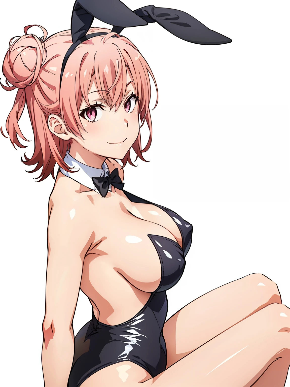 ((masutepiece, Best Quality, hight resolution, nffsw, Perfect Pixel, depth of fields, 4K, )), 1girl in, Solo, , Beautiful anime girl, Beautiful Art Style, close up, Looking at Viewer, Perfect body, side shot, Yuigahama Yui, Short hair, pink hair, pink eyes, hairbun, (large boob), side boob, sitting, black playboy bunny outfit, smile, hands on thighs, blank white background, shot from the waist up