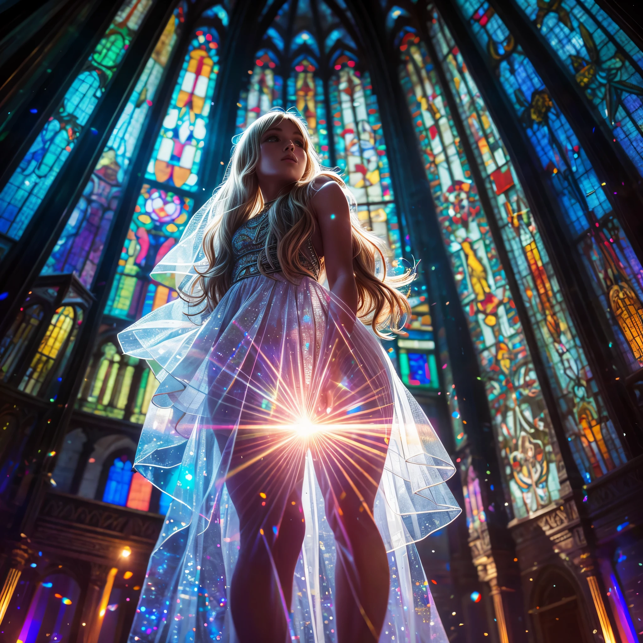  (Cathedral from below:1.28) (ZoomLayer) TopQuality 8K masterpiece of ((Professional photo)), (((Clarisse de Cagliostro))) (Detailed White WeddingDresses), Chain, (((Extremely detailed KAWAII face))) {((VeiledFace))|BlondeHair|(Elaborate BuleEyes)with(SparklingHighlights:1.28)}, The background is distant (((Elaborate stained glass))) Rainbow Glass, {(MysticSight)|EnchantingAtmosphere|Haze|(GodRays)|TyndallEffect}, Radiant PearlSkin with Transparency, (Exposed:0.39)