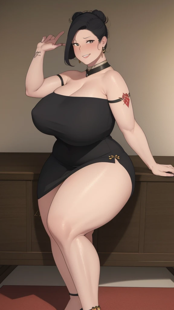 Masterpiece, hi res, absurdres, Best Quality, 4K, detailed, HD , by NTRMAN, solo, mature female, age 40, milf,mother, chubby, bbw, curvy, short stature, shorttack, thick, Big ass,crop top, short skirt, black hair, hair bun,curvy, cleavage, saggy breasts, prominent lips, red lipstick,thick, blushing, olive skin, tanned skin, looking at viewer, tattoos on body, Gyaru, dark skin