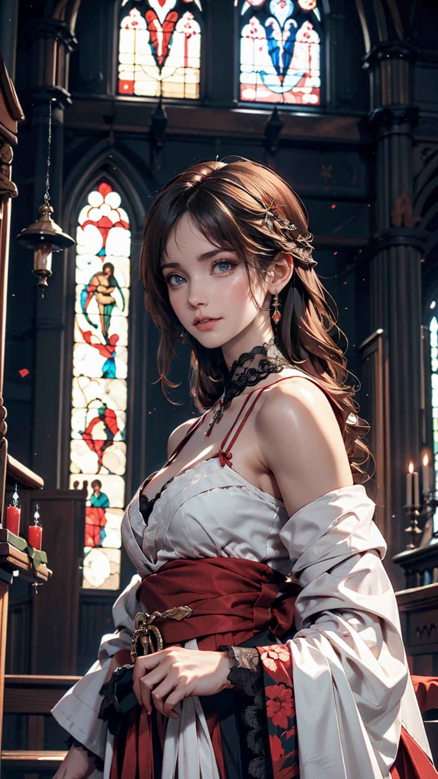 A Japanese woman with a dark and mysterious aura、Gothic Fashion。Black lace dress、Red Lip、antique accessories、In the background is the stained glass of an old church