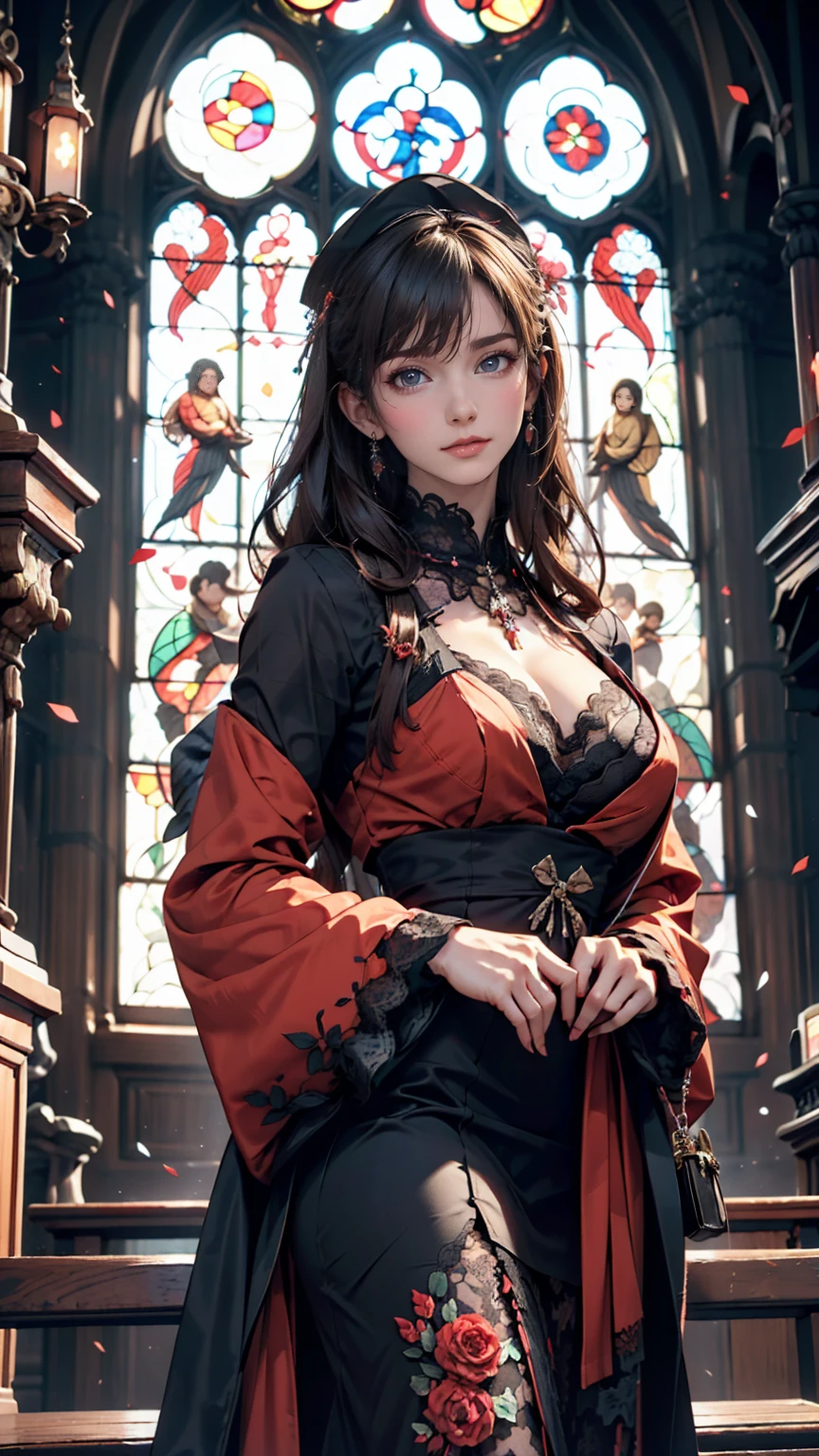 A Japanese woman with a dark and mysterious aura、Gothic Fashion。Black lace dress、Red Lip、antique accessories、In the background is the stained glass of an old church