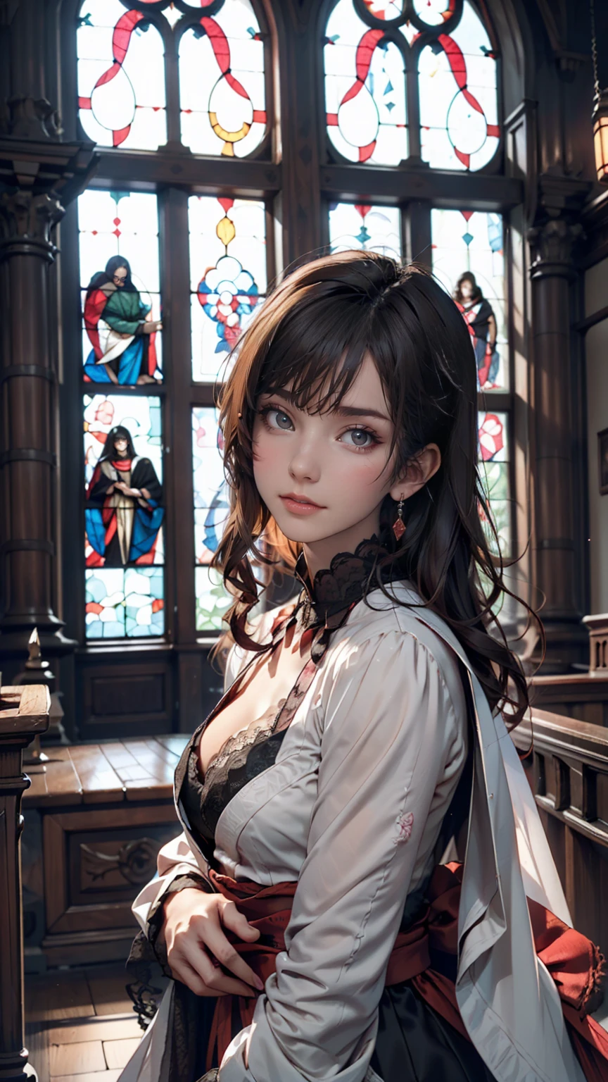 A Japanese woman with a dark and mysterious aura、Gothic Fashion。Black lace dress、Red Lip、antique accessories、In the background is the stained glass of an old church