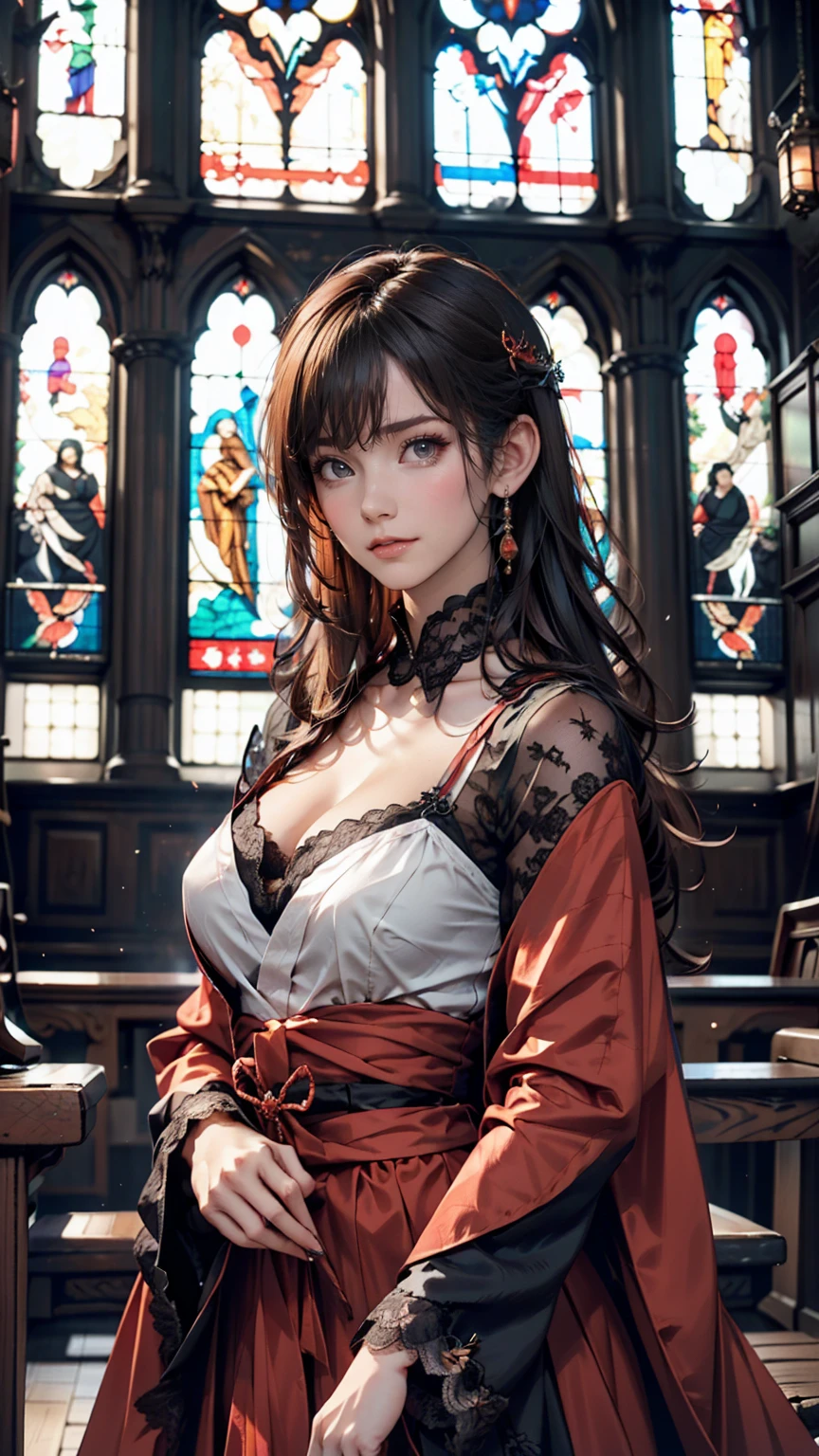 A Japanese woman with a dark and mysterious aura、Gothic Fashion。Black lace dress、Red Lip、antique accessories、In the background is the stained glass of an old church