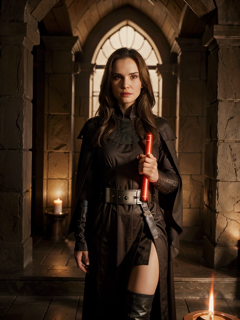 (medium full shot) of (malevolent sith lord) Natalie Portman, brown eyes, brown hair, wearing a Sith robe, armored Sith tunic, utility belt with pouches, armored Sith boots, flowing Sith cloak, holding pike red lightsaber, smiling at the viewer, set in Sith Ancient Temple, Gloomy chamber with towering stone pillars etched with ancient runes, a massive stone altar at the center, iron sconces with flickering torches, an ornate wooden chest with intricate carvings, weathered stone benches lining the walls , at twilight, star wars universe, Masterpiece,best quality, photorealistic, amazing quality, very aesthetic, extremely detailed face,