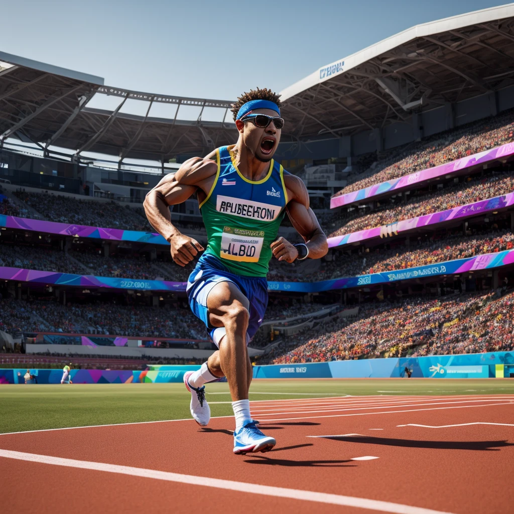 a dynamic and vibrant scene of the olympic games, 1girl, an athlete running on a racetrack, muscular athletic body, determined expression, wearing sports uniform, stadium in the background, sunlight, motion blur, (best quality,4k,8k,highres,masterpiece:1.2),ultra-detailed,(realistic,photorealistic,photo-realistic:1.37),dynamic composition,cinematic lighting,vivid colors,dramatic camera angle