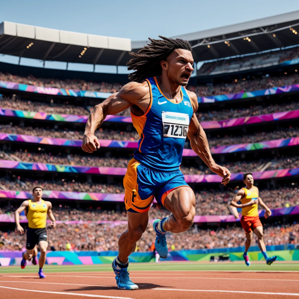 a dynamic and vibrant scene of the olympic games, 1girl, an athlete running on a racetrack, muscular athletic body, determined expression, wearing sports uniform, stadium in the background, sunlight, motion blur, (best quality,4k,8k,highres,masterpiece:1.2),ultra-detailed,(realistic,photorealistic,photo-realistic:1.37),dynamic composition,cinematic lighting,vivid colors,dramatic camera angle