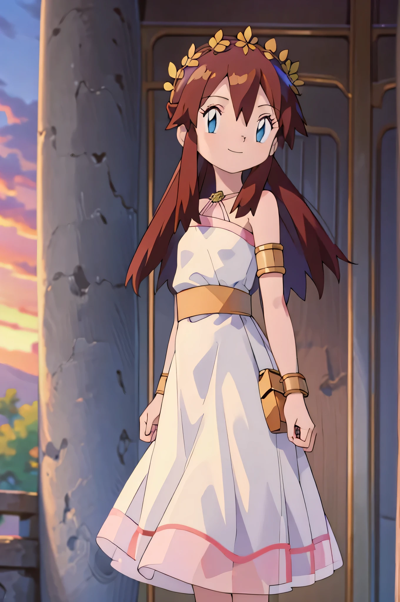 masterpiece, best quality, high resolution, absurdres, Melody_Pokemon, blue eyes, beautiful details eyes, long hair, brown hair, collarbone, bare shoulders, greek clothes, peplos, laurel crown, armlet, see-through, column, overgrown, solo, smiling, looking at viewer, standing up, cowboy shot, garden, sunset skies, rose bushes, gazebo
