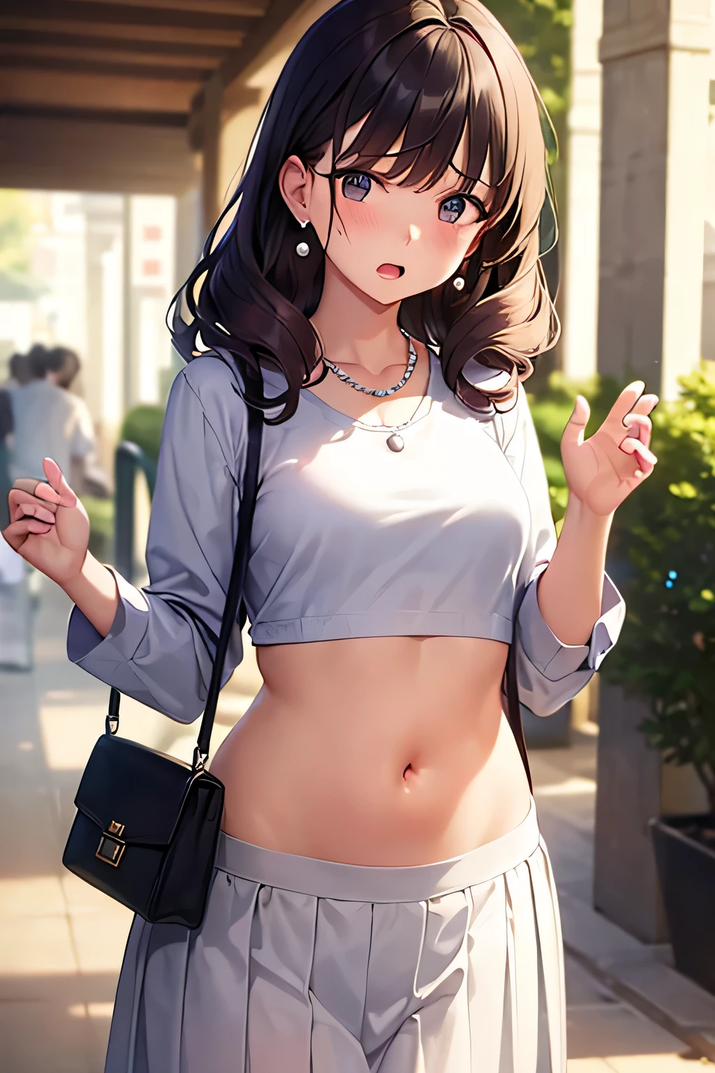 super fine illustration, vibrant colors, masterpiece, sharp focus, best quality, depth of field, cinematic lighting, ultra detailed, crop top, white shirt, long sleeves, white pleated skirt, navel, belly button, tummy, wide hips, 1 girl, solo, milf, curly hair, slender, blush, annoyed, mature female, tall woman, looking down, small breasts, stomach, purse, street, city, bangle, earring, pearl necklace, raised hands,, afraid, open mouth