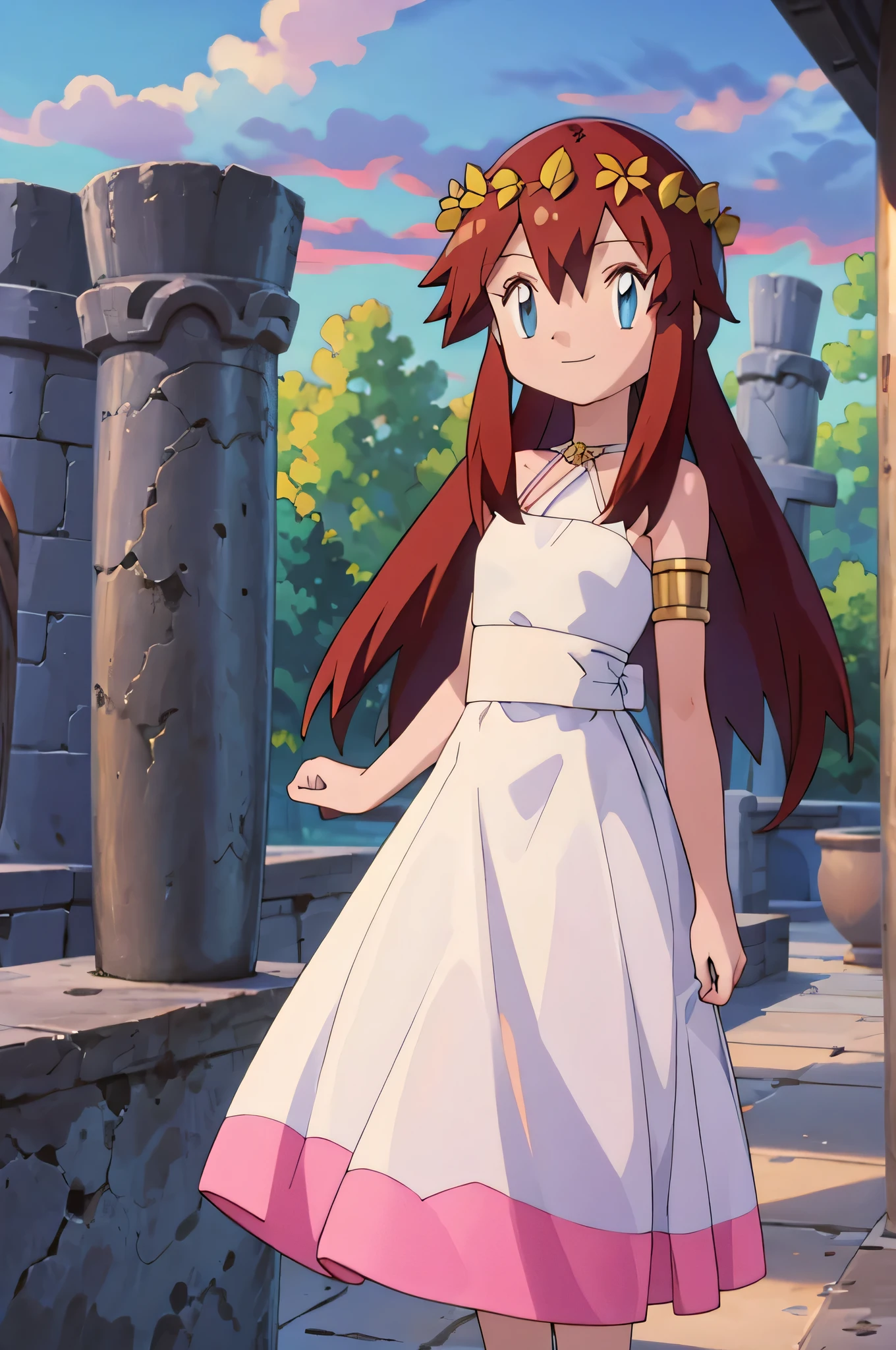 masterpiece, best quality, high resolution, absurdres, Melody_Pokemon, blue eyes, beautiful details eyes, long hair, brown hair, collarbone, bare shoulders, greek clothes, peplos, laurel crown, armlet, see-through, column, overgrown, solo, smiling, looking at viewer, standing up, cowboy shot, garden, sunset skies, rose bushes, gazebo