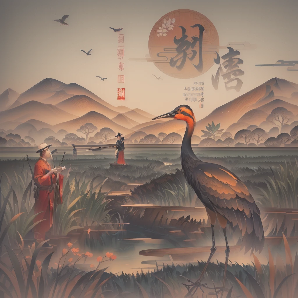 There is a poster，A man measuring, Chinese Crane in the Center, A beautiful artistic hand-painted poster, Chinese style poster, 中traditional Chinese painting风格, Poster illustration, Very detailed illustrations.”, Vibrant travel poster, traditional Chinese painting,, Very detailed illustrations,