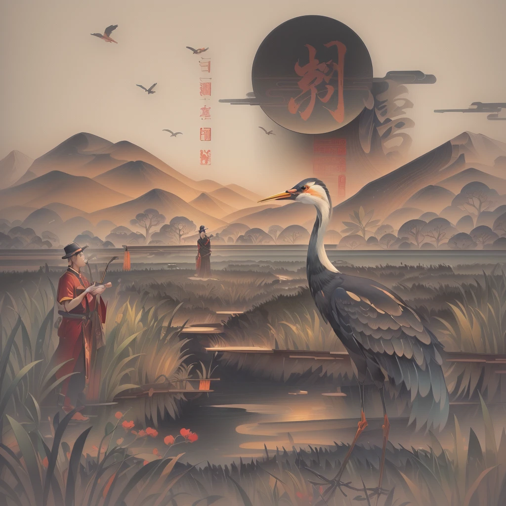 There is a poster，A man measuring, Chinese Crane in the Center, A beautiful artistic hand-painted poster, Chinese style poster, 中traditional Chinese painting风格, Poster illustration, Very detailed illustrations.”, Vibrant travel poster, traditional Chinese painting,, Very detailed illustrations,