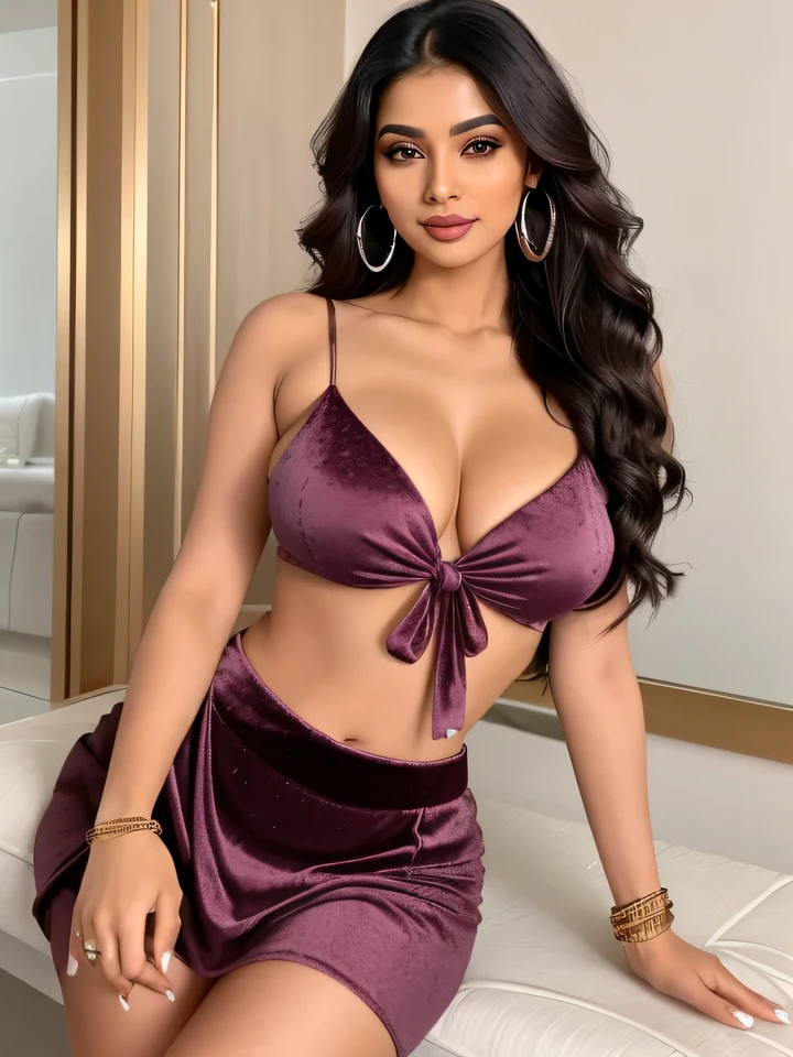 Create an ultra-realistic image of a modern, attractive female influencer of Indian descent, aged between 27 to 30. She should have a warm and inviting smile, expressive almond-shaped eyes with a slight shimmer, and clear, glowing skin with a medium brown complexion. Her features should be well-defined, with high cheekbones and a sharp jawline. Her hair should be long, thick, and wavy, with a natural shine and bounce, styled in a deep, reddish-purple hue that’s bold yet sophisticated. She should have a slender yet athletic build, reflecting a healthy and active lifestyle, with gigantic breasts (plump: 1.1) and an increased bust size, focusing on her bust. She is wearing a Plum Velvet Saree and a Silver Crop Top Blouse that highlights her toned figure and gigantic breasts, with an increased butt size complementing her curves. Her outfit is completed with stylish black heeled sandals that add elegance to her look. She accessorizes with subtle yet chic jewelry, such as small hoop earrings and a few thin bangles. The background should be a high-end boutique hotel with sophisticated decor, suggesting a cosmopolitan lifestyle. Her overall appearance should exude confidence, approachability, and sophistication, capturing the essence of a contemporary Indian fashion influencer.