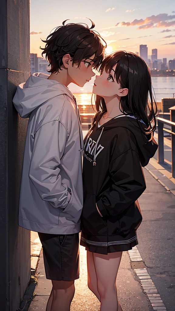 boy and girl kissing, hoodie, brown eyes, black hair, sunset, high res, ultrasharp, 8k, masterpiece