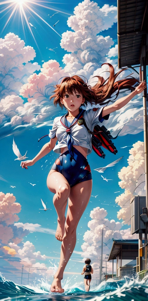 asuka works as a surf model, Official Art, Anime girl is running, ( ( Station 4 # ) ), Aya Kono color style, Inspired by Nanaru Koide, Shinkai Makoto, Inspired by Reiko Ikemura,  Shinkai Makoto味道, Beautiful sky, Girl blown away by the wind,  Fluttering hair, barefoot, Birds are flying,