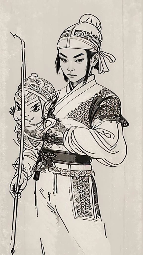 (((Monochrome)))、(((Ink Painting)))、((ancient china、Androgynous man with a bun hairstyle and a white swimming cap))、Put your hands underneath、Line art、Oriental、Ultra-high resolution、Game Poster、Crisp and beautiful image quality、whole body ,(((ancient china鎧, Dragon head on shoulder, (ancient china鎧 with intricate pattern:1.2))), gloves, Long trousers, (Very detailed, bloom:1.5), (Highest quality, Concept Art, 4K), (analog:1.2), (high sharpness), (Detailed pupil:1.1), Detailed face and eyes, masterpiece, Highest quality,8k, (Black Hair, Dynamic Short Hair), (PurerosFace_v1:0.2), [:(Detailed face:1.2):0.2], sharp, Realistic Shadows, 