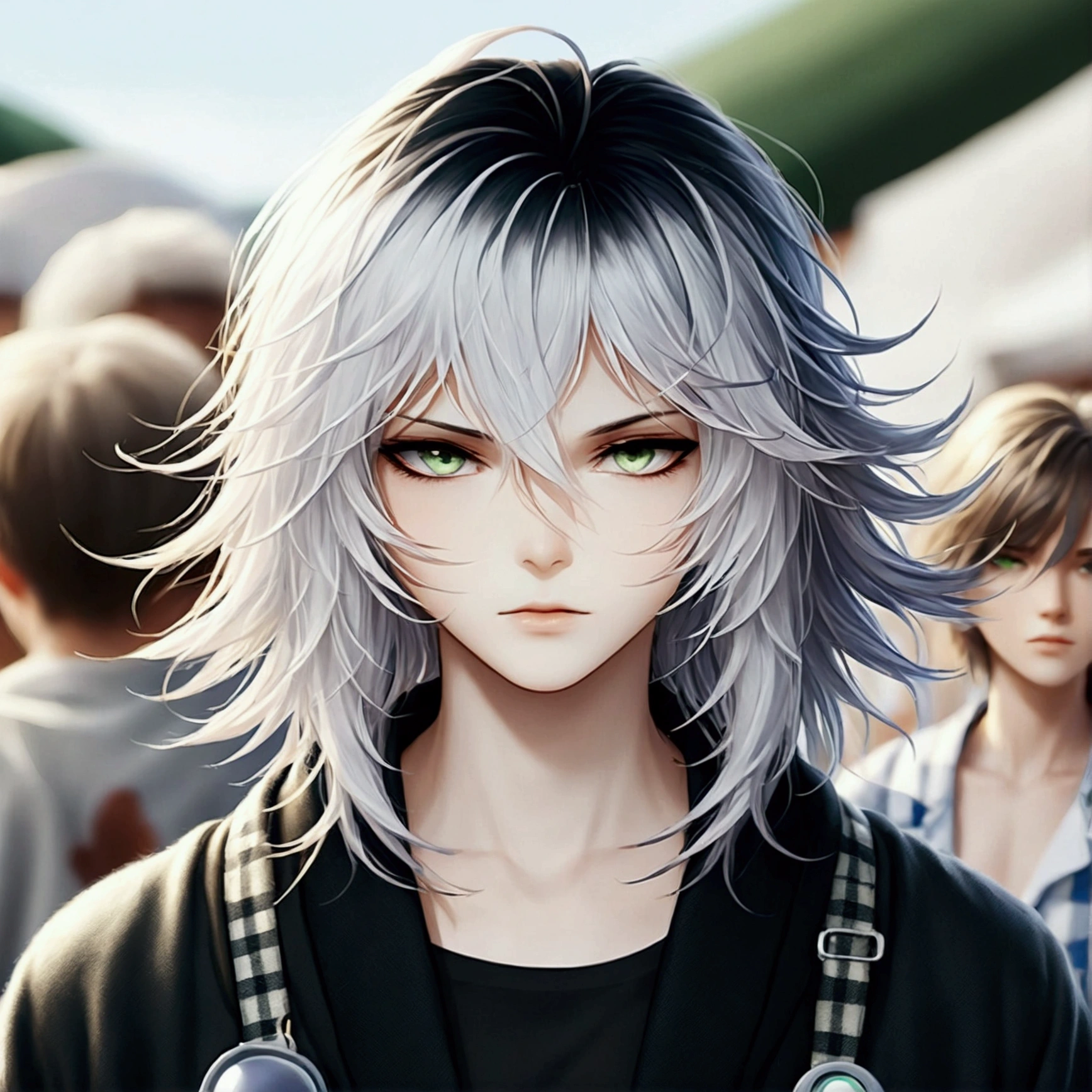 • Main character: Draw a fragile-looking teenager, with slightly disheveled white hair. Your eyes must have central heterochromia, with the left eye having a green center and violet iris, and the right eye with a violet center and green iris. Your skin is clear, and he is wearing light blue or white hospital pajamas. 

• Expression: Capture a serene or determined expression, despite the weakened condition. 

• Environment: Place the character in a hospital bed, with white sheets. Add some medical equipment around, like an intravenous drip. The room must be clean and organized, with a window in the background, allowing soft natural light to enter.