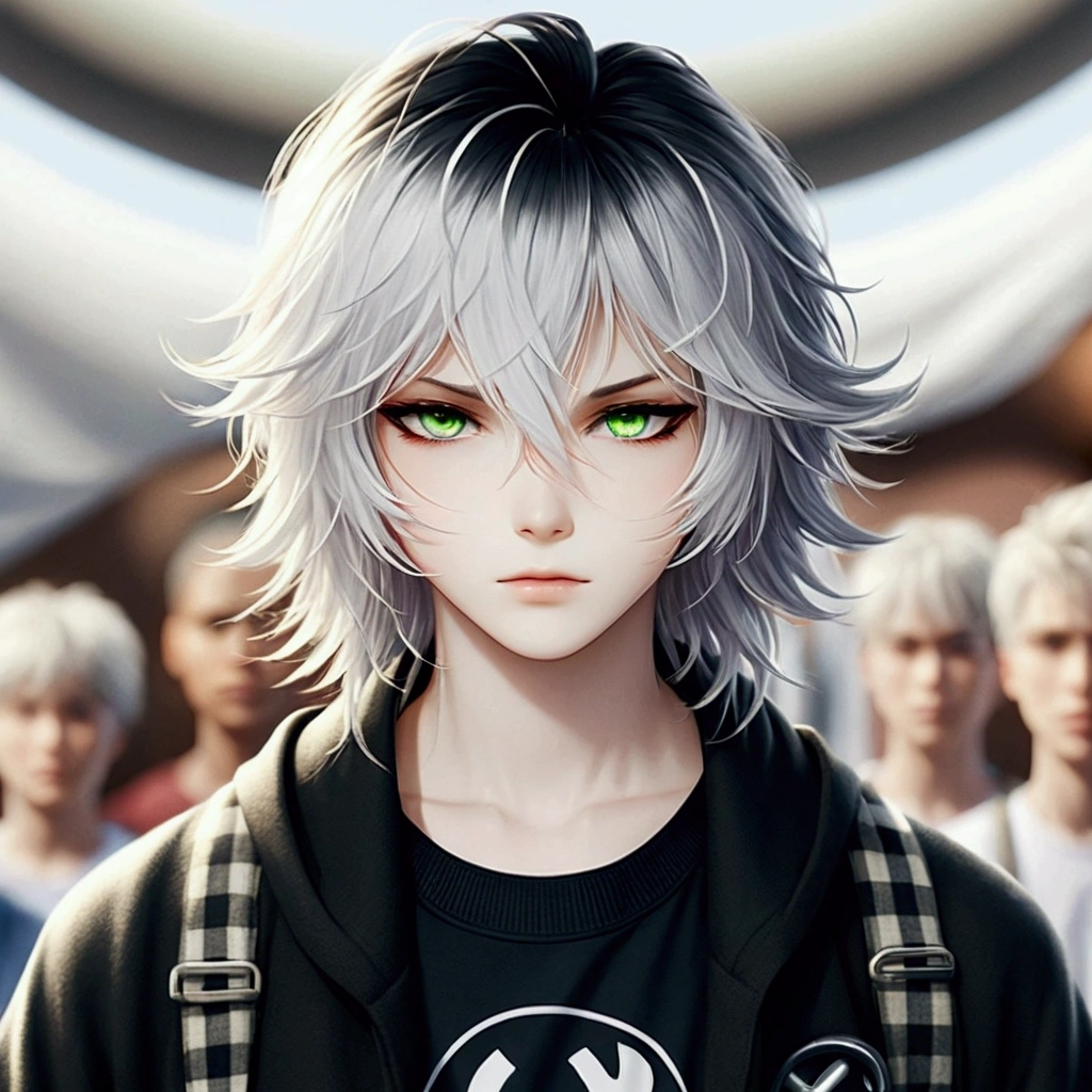 • Main character: Draw a fragile-looking teenager, with slightly disheveled white hair. Your eyes must have central heterochromia, with the left eye having a green center and violet iris, and the right eye with a violet center and green iris. Your skin is clear, and he is wearing light blue or white hospital pajamas.
• Expression: Capture a serene or determined expression, despite the weakened condition.
• Environment: Place the character in a hospital bed, with white sheets. Add some medical equipment around, like an intravenous drip. The room must be clean and organized, with a window in the background, allowing soft natural light to enter.