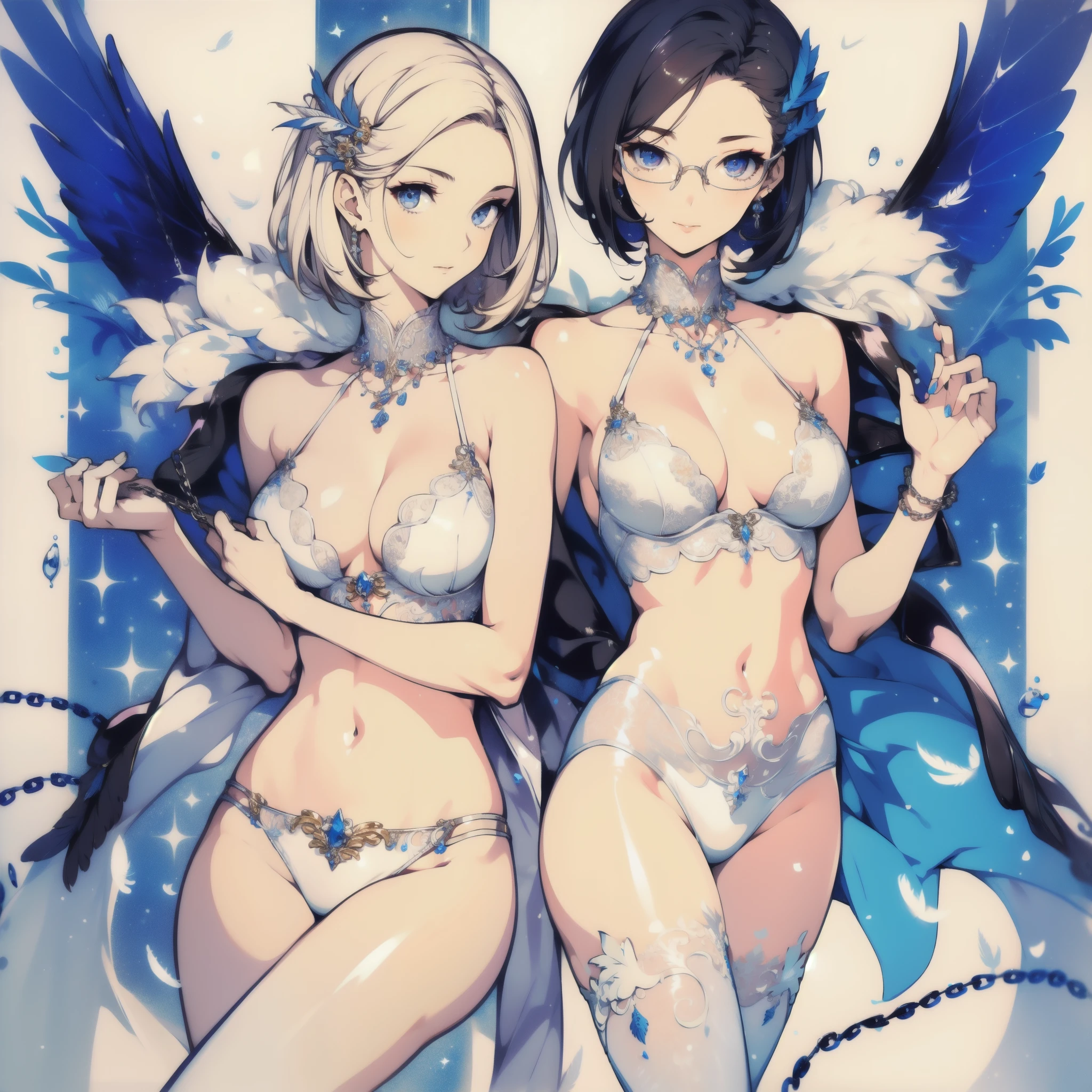 ((masterpiece, best quality)), Delicate face,goddess,Milk白色,Scales,whole body,Standing picture,Perfect body proportions,Long legs,High heel,Short hair handsome,Cold,beautiful eyes,Fantasy style,White background,Extremely beautiful,Transparent erotic lingerie,chain,Tattoo,Lace, NUDE,feather-adorned,Glasses,Charm,Milk
