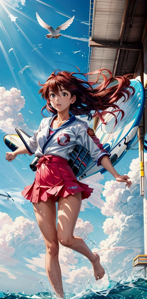 asuka works as a surf model, Official Art, Anime girl is running, ( ( Station 4 # ) ), Aya Kono color style, Inspired by Nanaru Koide, Shinkai Makoto, Inspired by Reiko Ikemura,  Shinkai Makoto味道, Beautiful sky, Girl blown away by the wind,  Fluttering hair, barefoot, Birds are flying,