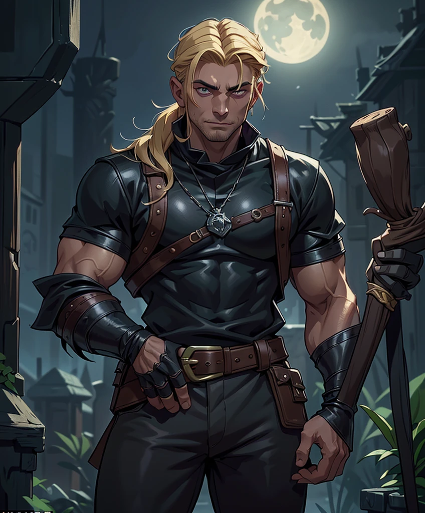 (((Solo focus. 1boy. Single character image.))) Generate a muscle stud fantasy character. Generate a muscle hunk fantasy character, dressed all in black. (((Medieval-style tropical town at night.))) (((Luxurious blond hair in a topknot.))) (((Looks like Adonis.))) (((Appears to be 20 years old with youthful looks.))) (((Dark and sinister background at night.))) (((Alpha male))) (((Solo character image.))) (((Generate a single character image.))) Dark fantasy art, (((Dark, night time background.))) (((Strong elements of dark medieval fantasy.))) (((Handsome and athletic.))) (((This is an urban explorer in a dark fantasy realm.))) Night background. Dark. Eerie. Dark fantasy art, long hair in a masculine style, Scoundrel. Vagabond. Miscreant. Knave. This is an urban explorer in a dark fantasy realm. Looks mysterious, wearing a black shirt, black pants and black boots. Looks like a sneaky rogue in medieval fantasy urban setting. Looks like a shady rogue in a medieval fantasy setting. Looks like a medieval fantasy male character. Looks like a male rogue for Dungeons & Dragons in a medieval fantasy setting. Wears lots of black clothing. Looks like a handsome criminal for a medieval fantasy setting. Looks shifty. Looks suspicious. Looks untrustworthy. wearing black leather medieval clothing, sneaky, rogue, muscular, gorgeous face, fantasy artwork, fantasy attire, fantasy adventurer, masterpiece:1.3,madly detailed photo:1.2, hyper-realistic lifelike texture:1.4, picture-perfect:1.0,8k