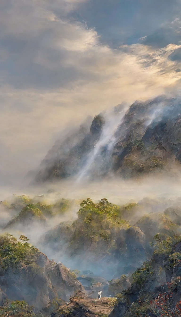 呉貫中の様式で廬Mountainの風景を描いたもの，Mountainの中腹にはMountain頂から麓まで流れる幅の広い長い滝がある.，険しいMountain々，Mountain々A sea of clouds spreads out like mist，Mountain頂の力強い松を露出させる，The light blue and grey create a fantastic atmosphere.，緑豊かなMountain々The quiet river is depicted with delicate lines.，Evoking a sense of timeless beauty and introspection。The melody of nature resonates in the air，The viewer can immerse themselves in a silent journey。High resolution。