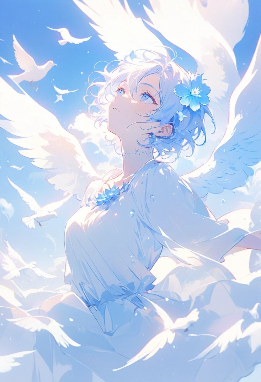 Handsome and thin angel boy looking up at the sky,There are white doves flying around,Beautiful atmosphere,Clear style,Full body illustration,Beautiful face,Beautiful full body illustration,Best quality,Fantastic scene,Dreamy spike flower,Pure white tends to be cool blue