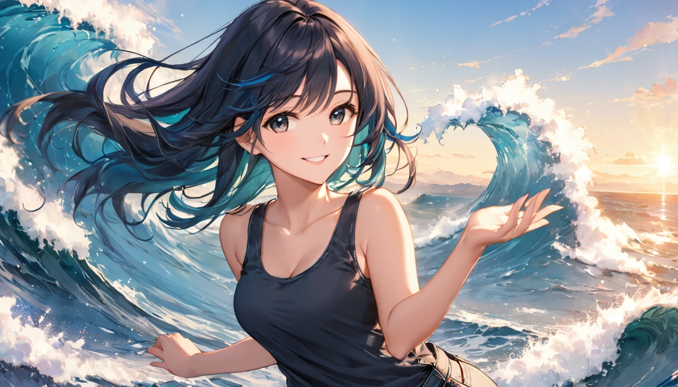 (masterpiece:1.3)), (Highest quality:1.3),(Super detailed:1.4),(Very detailed),(The absolute solution:1.3) ,Absurd,8k, One girl, smile, Long Hair, Multicolored Hair, Tank top, jeans, wave hands,