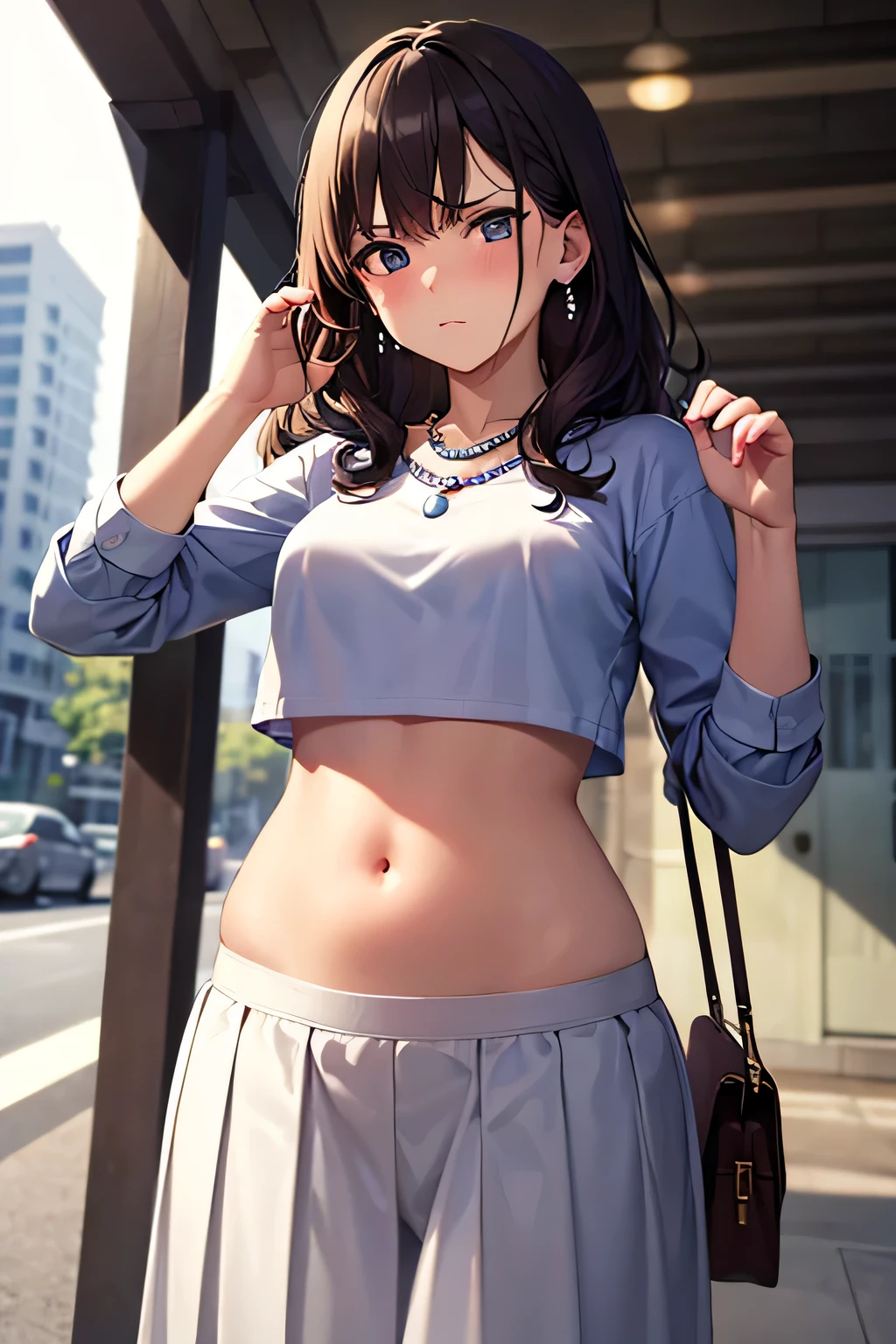 super fine illustration, vibrant colors, masterpiece, sharp focus, best quality, depth of field, cinematic lighting, ultra detailed, crop top, white shirt, long sleeves, white pleated skirt, navel, belly button, tummy, wide hips, 1 girl, solo, milf, curly hair, slender, blush, annoyed, mature female, tall woman, looking down, small breasts, stomach, purse, street, city, bangle, earring, pearl necklace, raised hands,, afraid