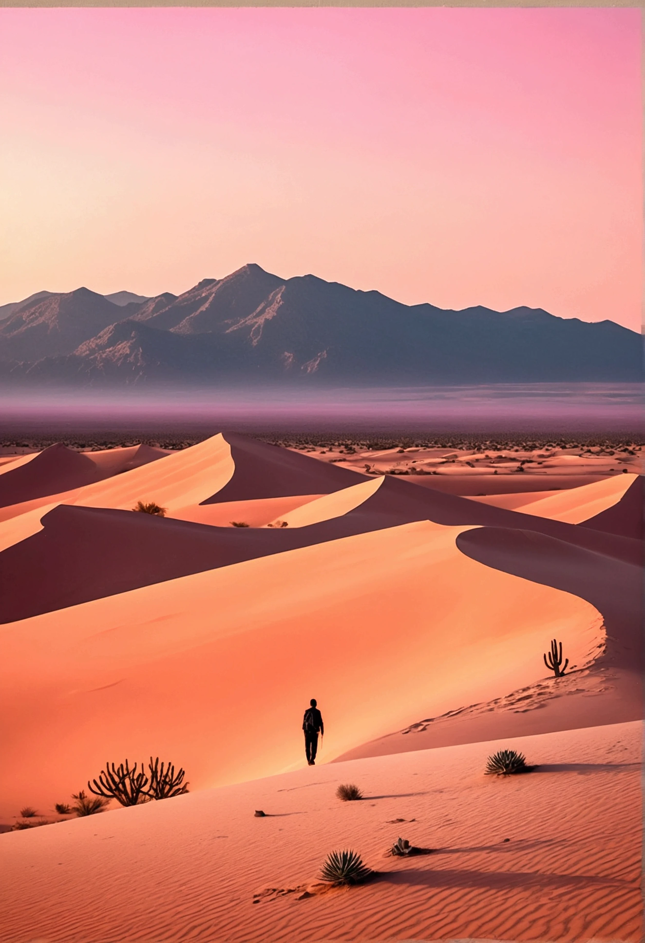 vast desert landscape at dusk, with a lone figure walking along a sand dune. The sky is painted with shades of orange and pink, and there are silhouettes of cacti and distant mountains. 2D lo-fi.