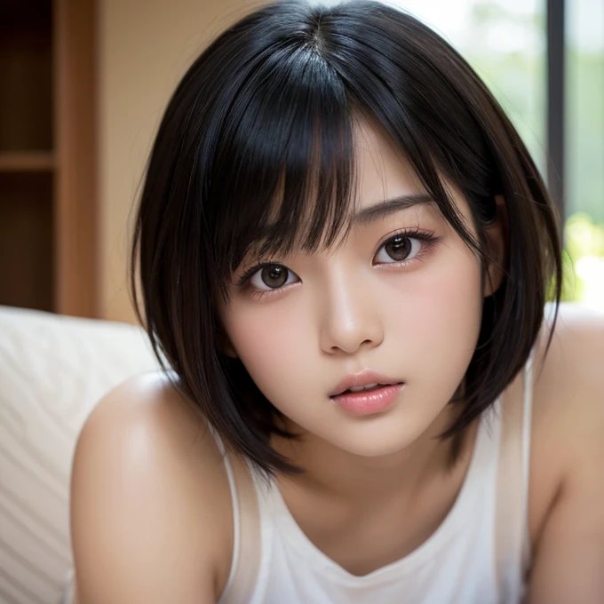 Japanese beautiful girl、Semi-short hair、Black Hair、Looks 26、Half-open lips、Clear eyes、Plump cheeks、Plump lips、Innocent expression、Tank top、living room、Half-open mouth、Dark Skin、Detailed skin texture、Photorealistic images、Photographic quality
