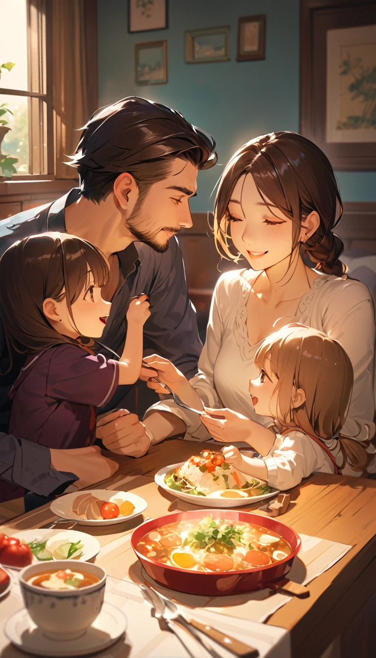 a young couple in their 20s with their (5--old y daughter), enjoying a meal together indoors. emphasizing the warm and loving interaction between the family members.