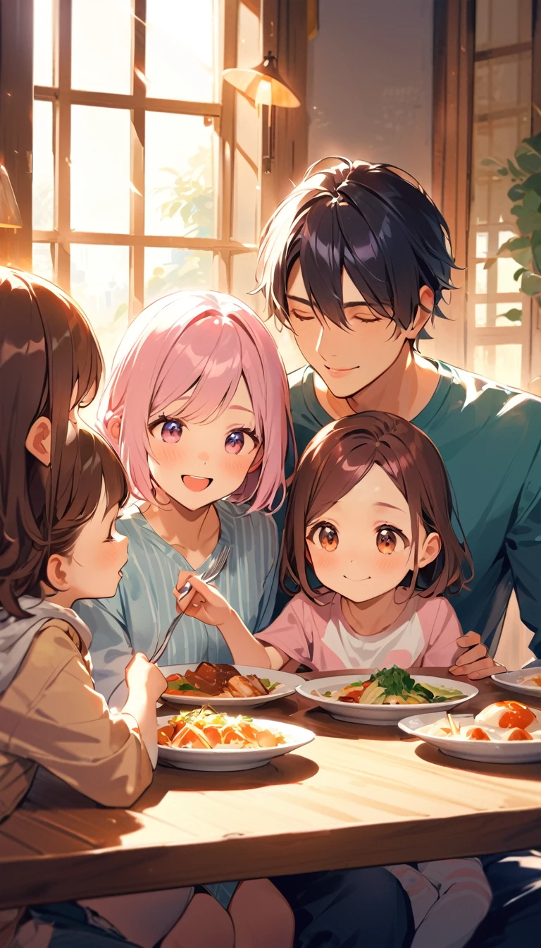 a young couple in their 20s with their (5-year-old only daughter), enjoying a meal together indoors. emphasizing the warm and loving interaction between the family members.