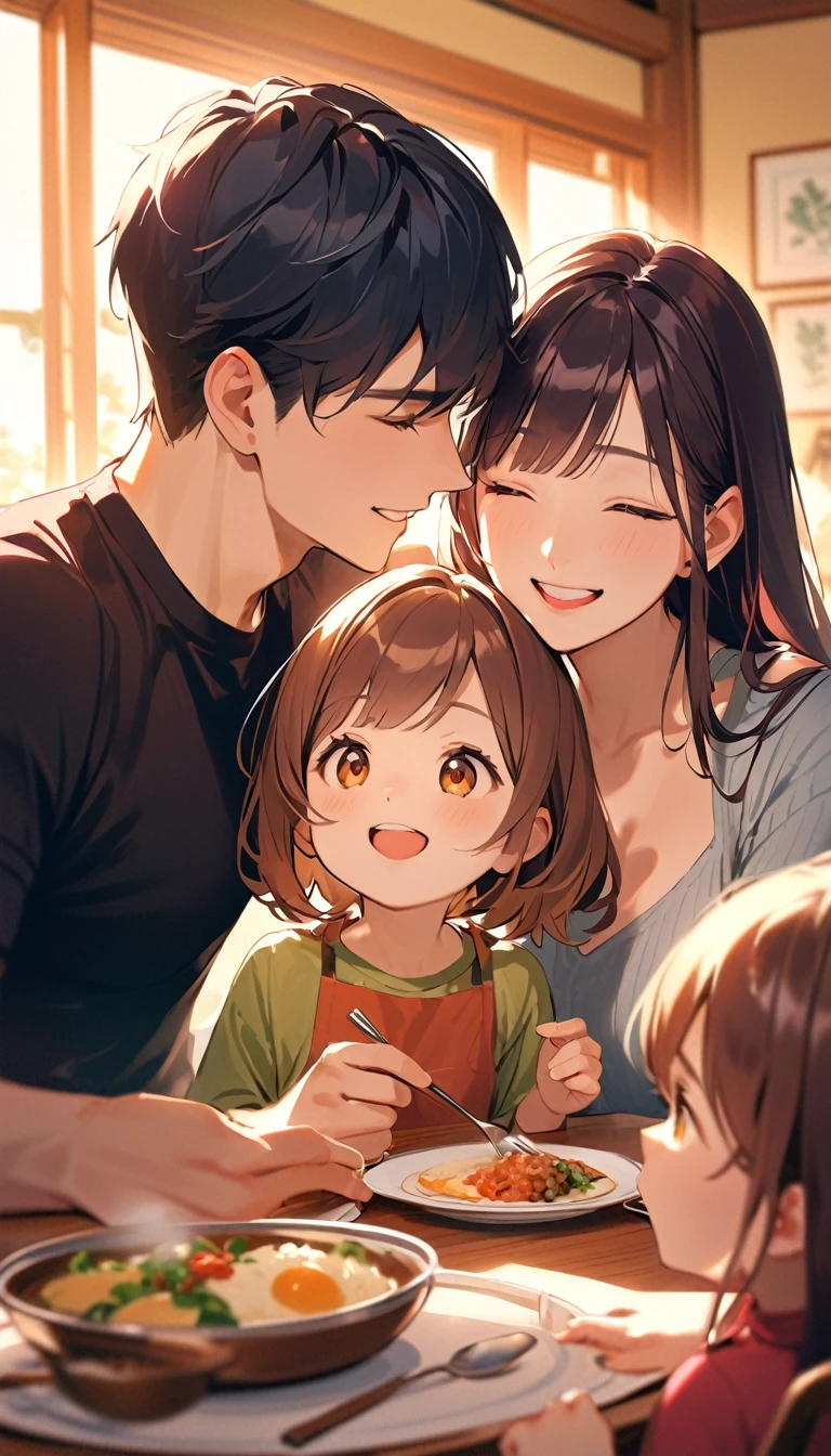 a young couple in their 20s with their (5-year-old only daughter), enjoying a meal together indoors. emphasizing the warm and loving interaction between the family members.