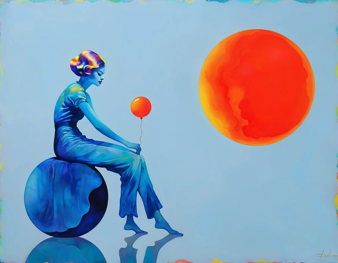 In a mesmerizing oil painting, a mysterious figure emerges from a haze of swirling colors. Their retro attire shines with metallic accents, while vibrant neon lights illuminate their expressionless face. The composition exudes nostalgia and intrigue, leaving viewers longing for a forgotten era. the gardens of sound made out of ral-hlgrphic,( hyperrealistic art breathtaking a lineart (vibrant alcohol ink sketch). [magnificent faetastic , , intriguing weirdness, color schemes extravaganza, mystery of darkness, unusual natural aesthetics, glossy].