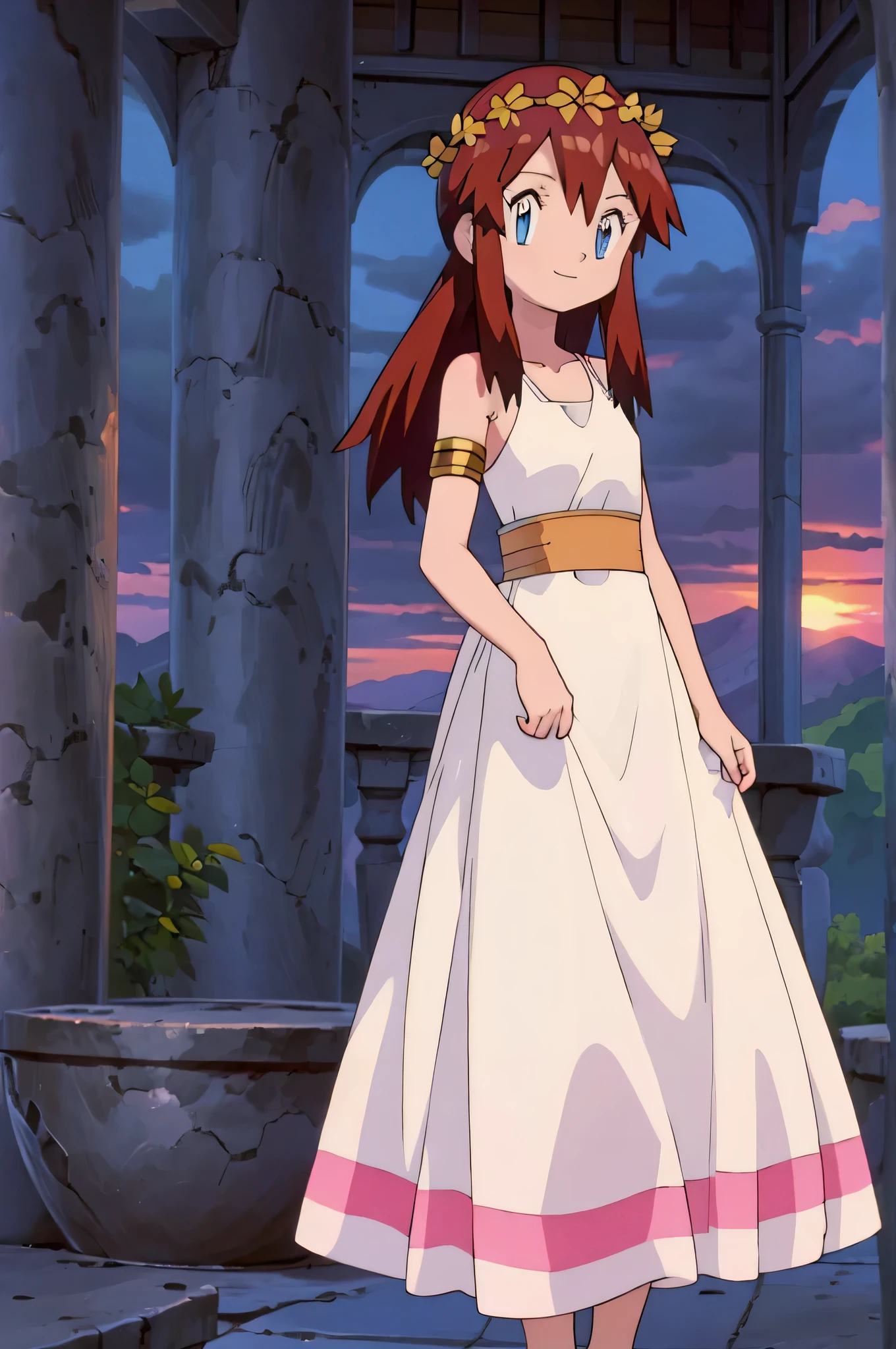 masterpiece, best quality, high resolution, absurdres, Melody_Pokemon, blue eyes, beautiful details eyes, long hair, brown hair, collarbone, bare shoulders, greek clothes, peplos, laurel crown, armlet, see-through, column, overgrown, solo, smiling, looking at viewer, standing up, cowboy shot, garden, sunset skies, rose bushes, gazebo
