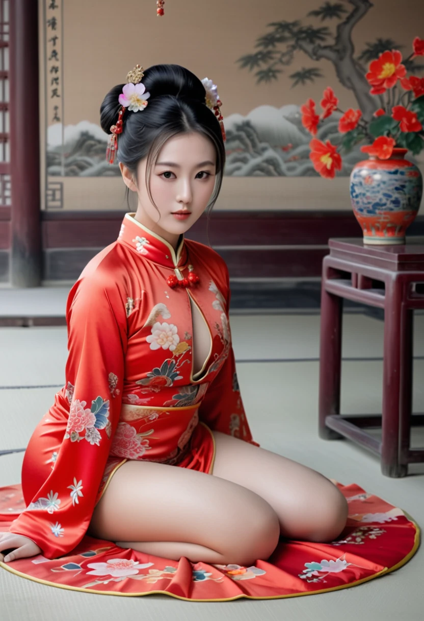 The background is a Qing Dynasty Chinese palace with stone tatami mats outside.
Empress, 30 years old, sitting naked with her large buttocks protruding in a red floral Manchu dress, wearing no underwear, her thighs showing and open on the ground, no underwear on or off.
Her buttocks are floating above the ground.
Her hair is in a large ornament with fancy flowers in it.
Hair tied back and up. Erotic woman.