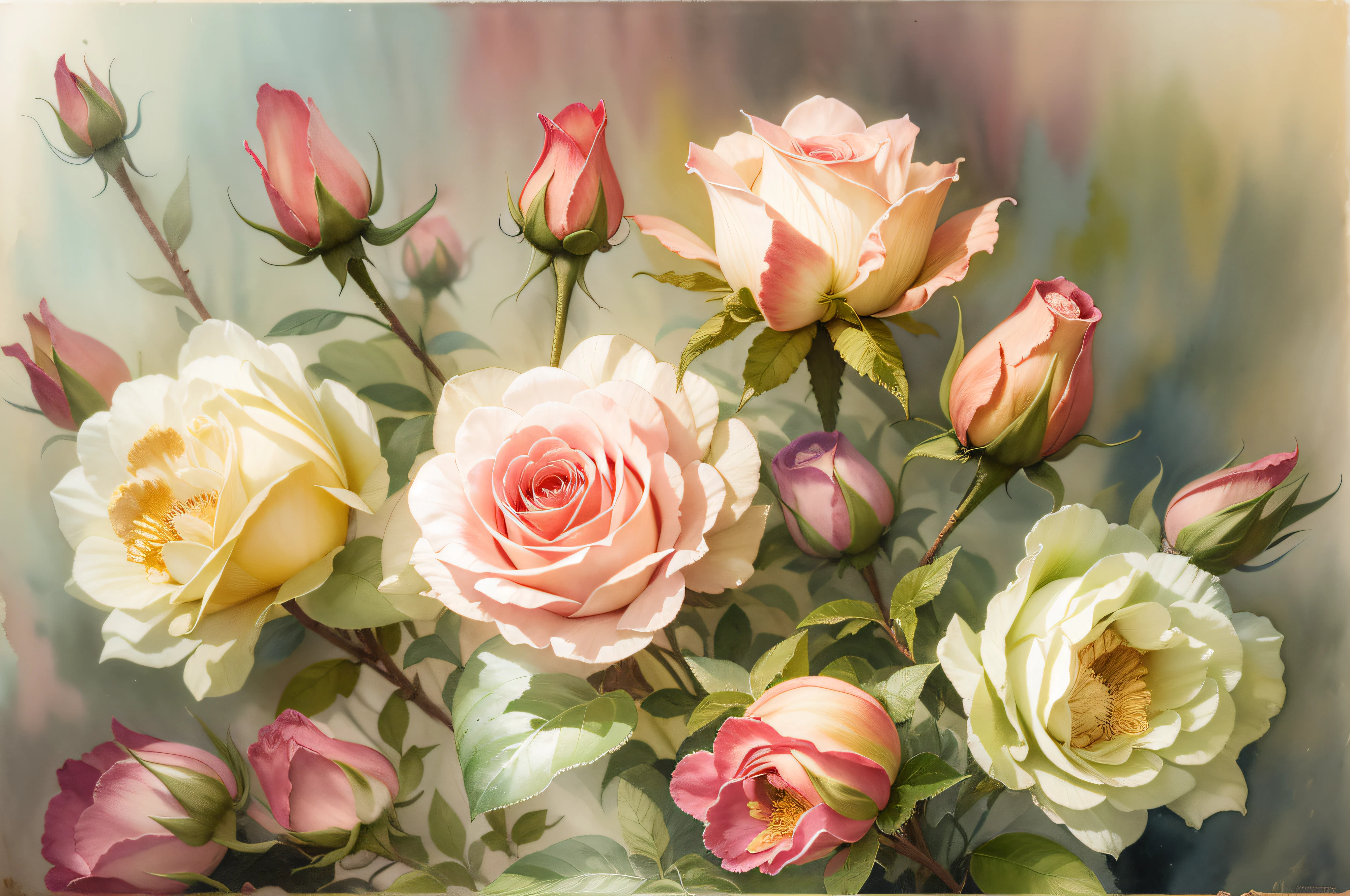 Beautiful and gorgeous tea rose & The buds are shown in the picture, Masterpiece Composition, Watercolor, Jean Baptiste Monge, Wilhelm Heinretz