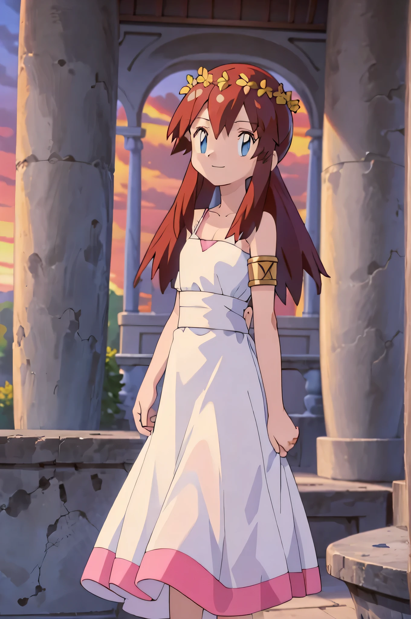 masterpiece, best quality, high resolution, absurdres, Melody_Pokemon, blue eyes, beautiful details eyes, long hair, brown hair, collarbone, bare shoulders, greek clothes, peplos, laurel crown, armlet, see-through, column, overgrown, solo, smiling, looking at viewer, standing up, cowboy shot, garden, sunset skies, rose bushes, gazebo
