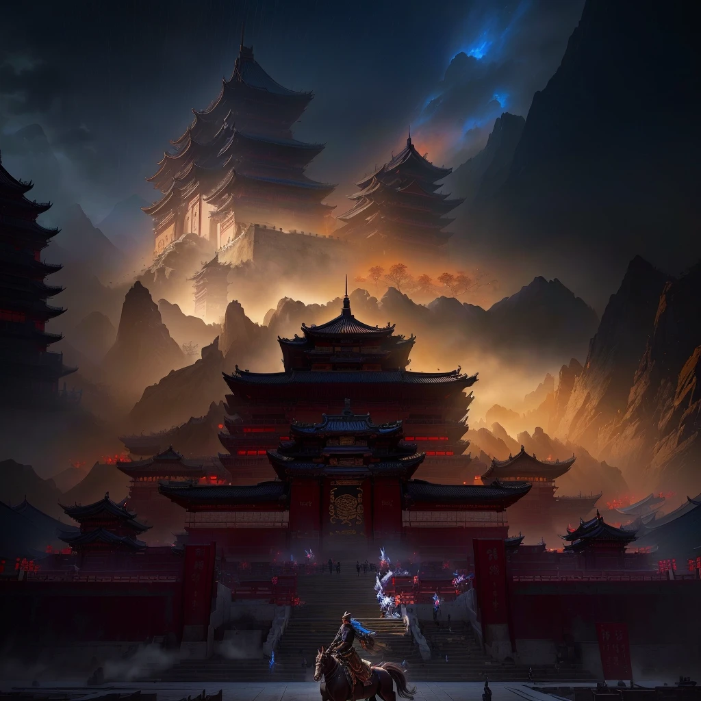 A man riding a horse in front of a building, Beautiful rendering of the Tang Dynasty, Cyberpunk Chinese Ancient Castle, author:Yang J, Temple Background, Dota Concept Art, Chen Jiru, Concept art stunning atmosphere, G Liulian art style, by Shitao, Dota! Concept Art, Yao Tingmei, Depicting the background of the temple