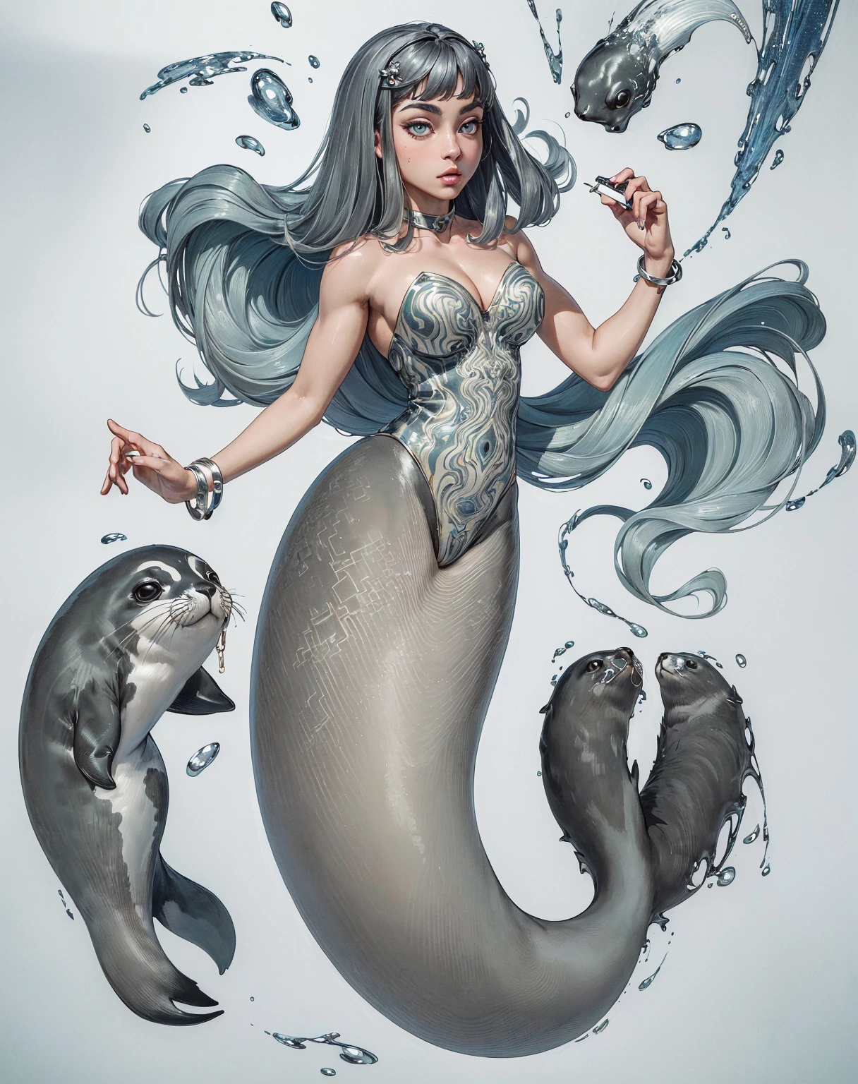 (masterpiece, best quality, ultra detailed, absurdres:1.5), 1girl, (selkie), (full body, hdr, Digital Art, OP Art, Realism, 3D Rendering, High Resolution, Hyperrealism, OP Art, real hair, black hair, thick girl, muscle, seal girl