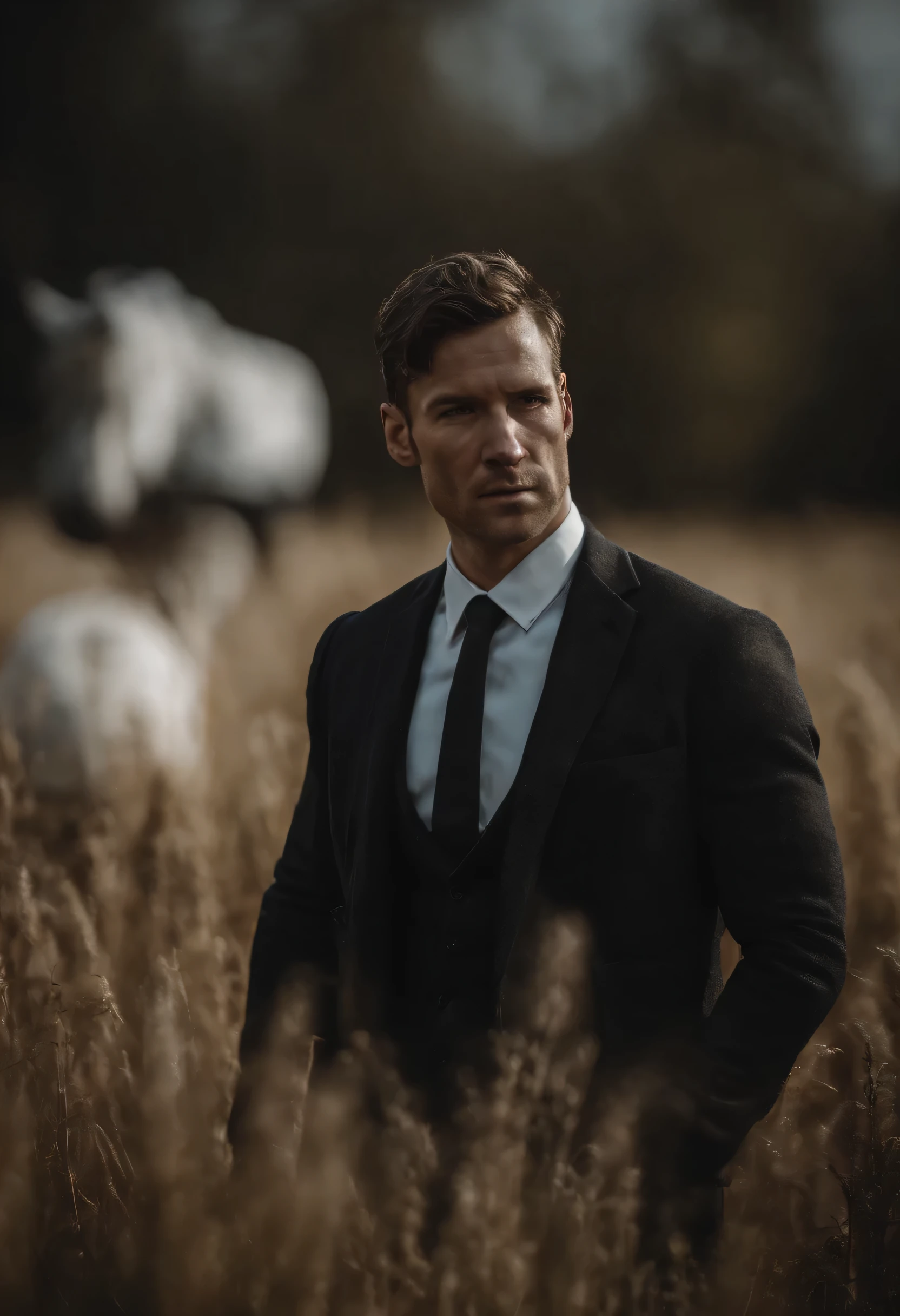 Portrait photo of a man wearing a black suit, full of wounds, looking at the camera, tall agricultural fields, a bit dark, Face full of wounds