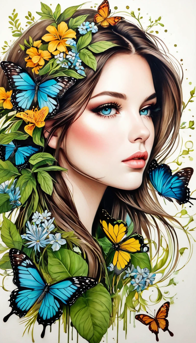 Colored lead painting simple illustration：Inspired by Marco Mazzoni,Profile portrait - head up，bird、Butterfly、Plants and flowers。