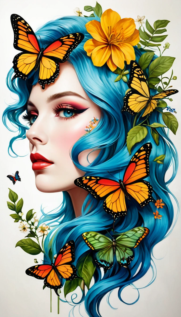 Colored lead painting simple illustration:Inspired by Marco Mazzoni,Profile portrait - head up,bird、Butterfly、Plants and flowers。