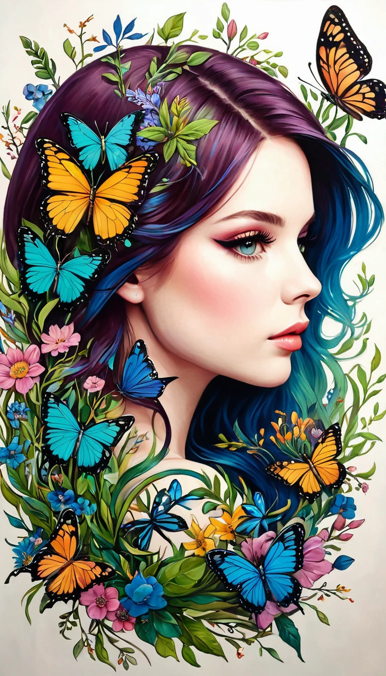 Colored lead painting simple illustration:Inspired by Marco Mazzoni,Profile portrait - head up,bird、Butterfly、Plants and flowers。