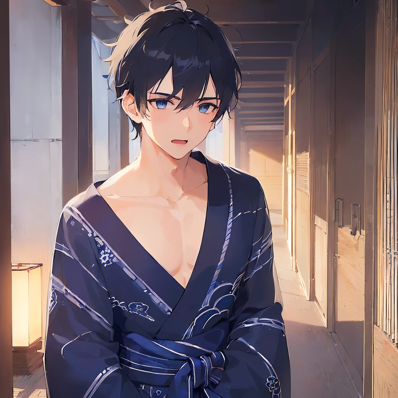 (25-year-old male:1.5) and(Black short hair) and (blue eyes), (looking away:1.5), upper body, masterpiece、Highest quality、 (Blue) and (yukata),(open mouth:1.5),blush,The background is a Japanese-style corridor at night